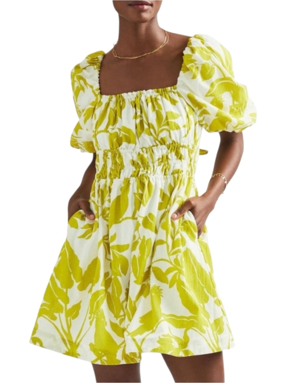 MAEVE ANTHROPOLOGIE Feliciana Tropical Parrot Puff Sleeve Mini Dress Chartreuse